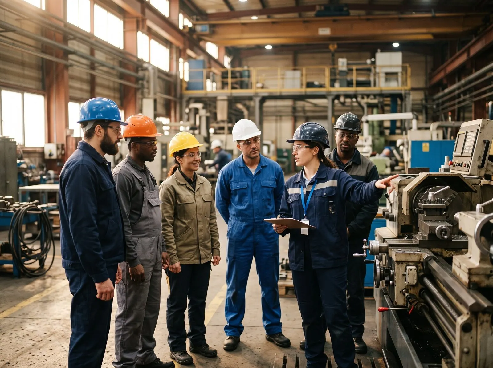 Equipa técnica com capacetes numa unidade industrial