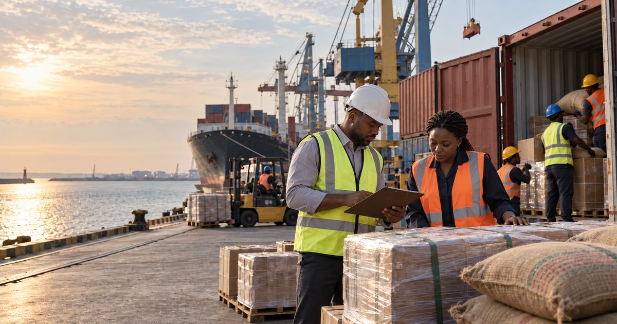 Operação de carga num porto, com contentores, mercadorias e navio.