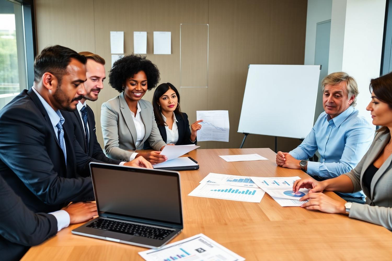 Institutional investment advisory meeting with professionals reviewing financial statements and charts