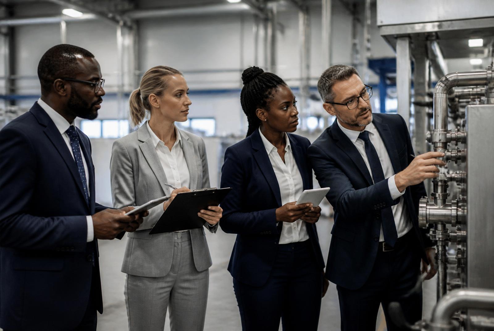 Equipas de diferentes organizações em sessão de trabalho conjunta numa unidade industrial em Angola